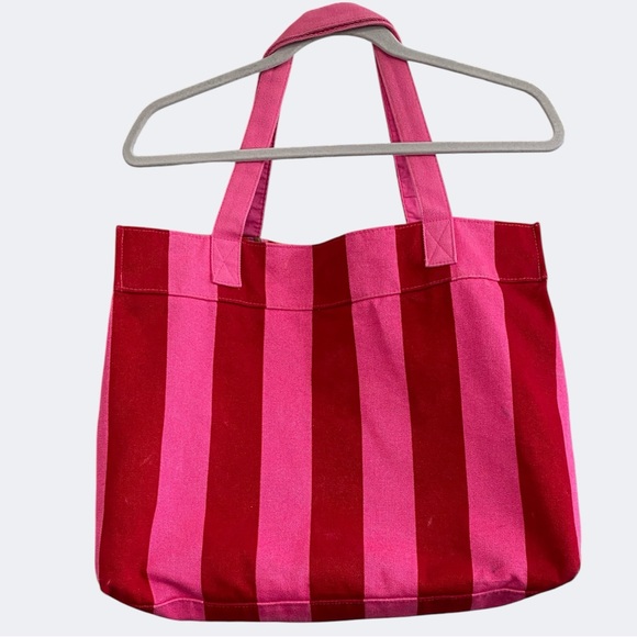 Victoria's Secret Pink Red Striped Canvas Tote Bag Metallic Beach Travel Summer - Picture 7 of 16